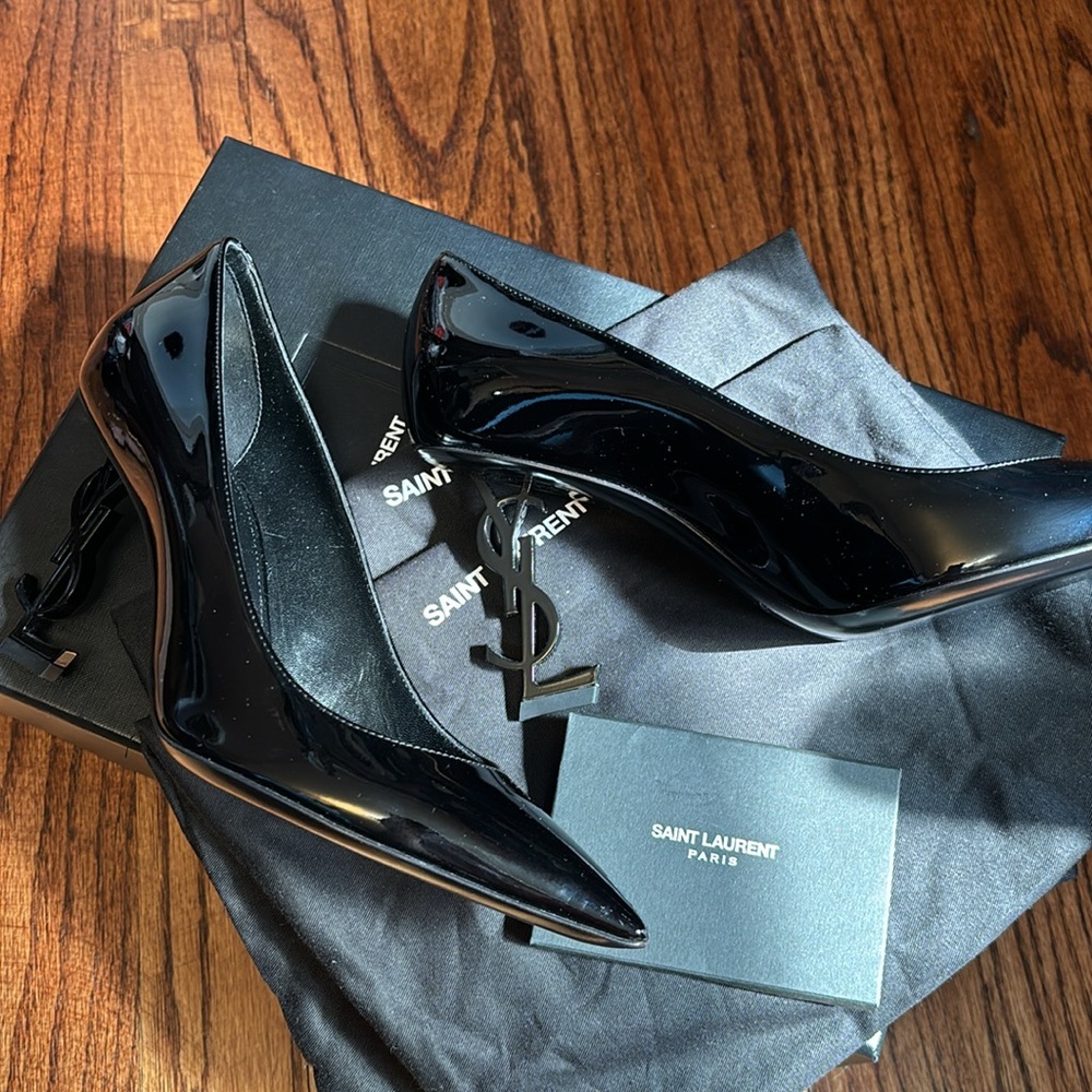 Saint Laurent Opyum Pumps in Black Patent Leather Logo Heel Pointed Toe NWT 37 - Picture 7 of 13